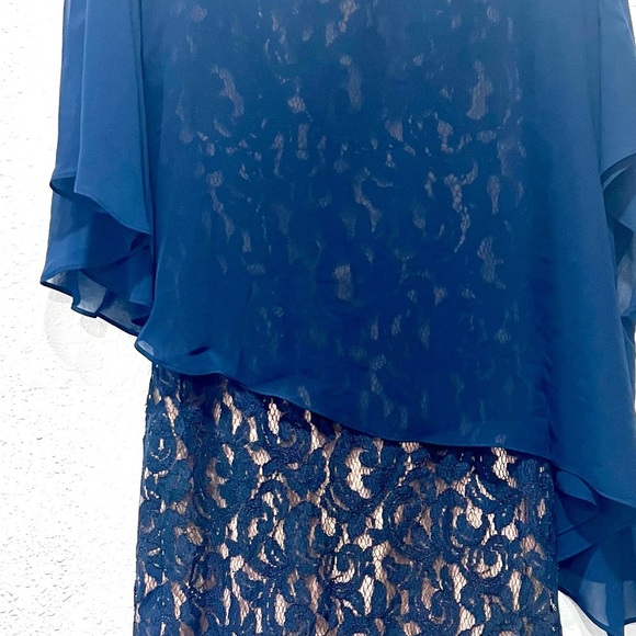 Adrianna Papell navy blue asymetrical overlay draped Dress 12 - Picture 5 of 12